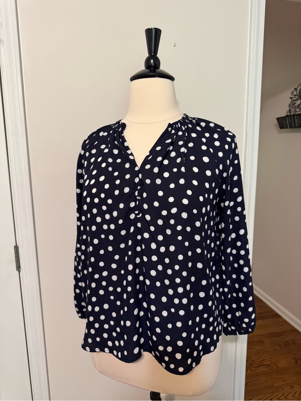 Polka Dot Navy Long-Sleeve V-Neck Blouse